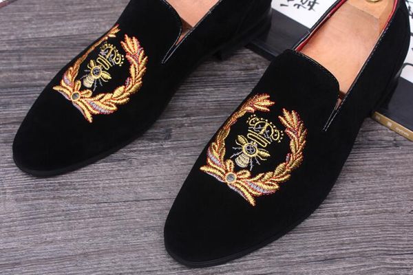 new spring men velvet loafers party wedding shoes europe style gold embroidered velvet slippers driving moccasins hx1, Black
